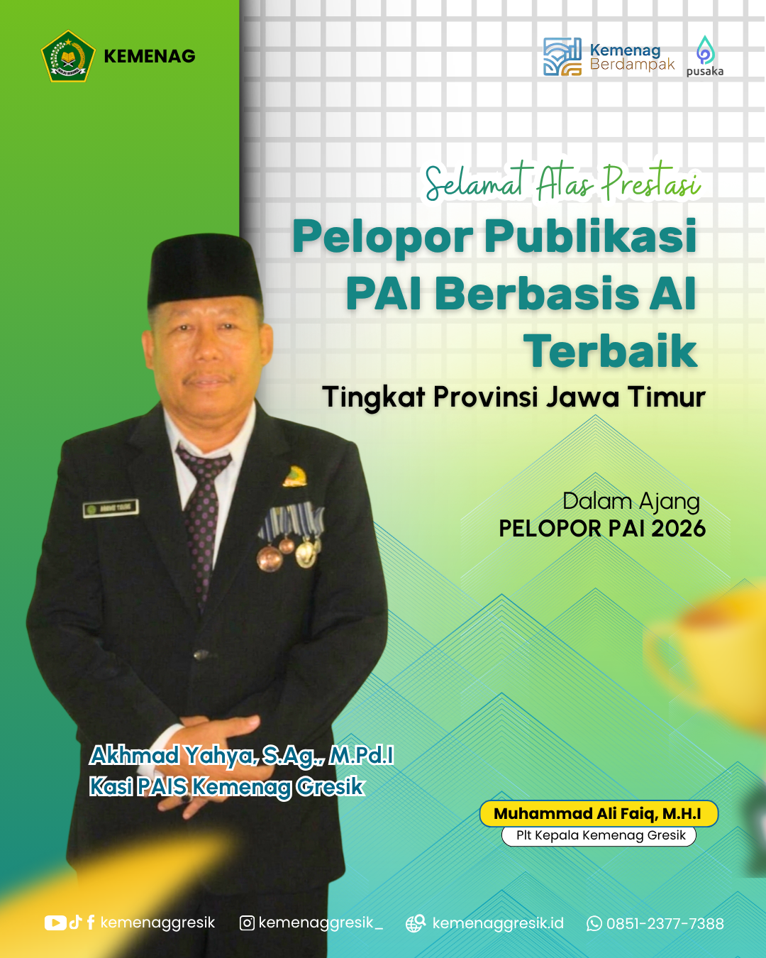 Kemenag Gresik Raih Penghargaan Pelopor AI dan Juara Literasi PAI Tingkat Jawa Timur